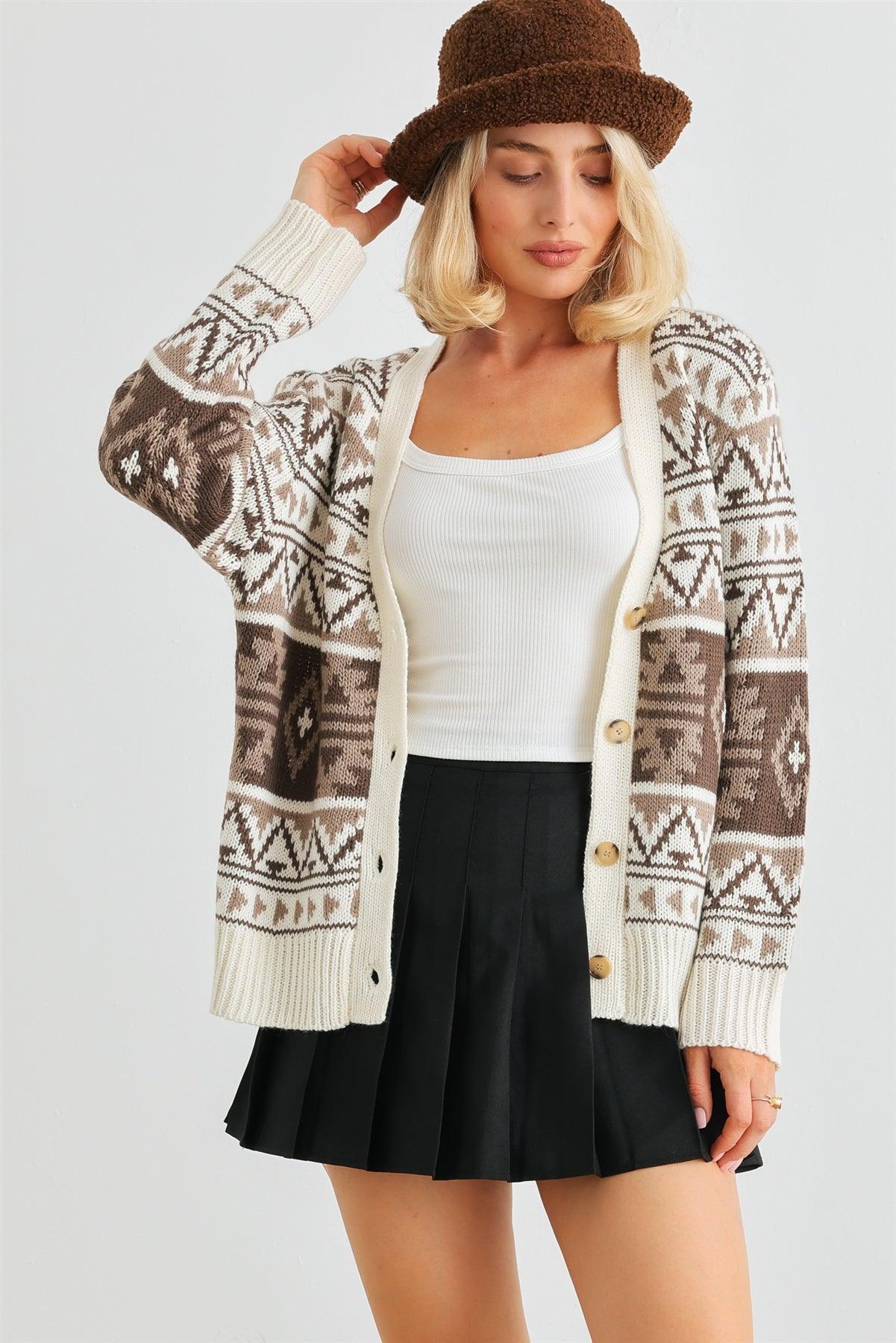 Cream Fair Isle Knit Button-Up Long Sleeve Cardigan Sweater /2-2-2