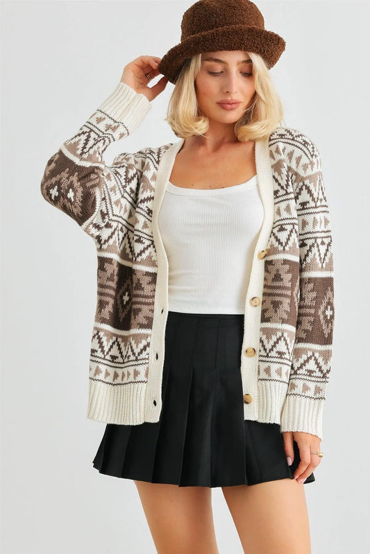 Fair Isle Knit Button-Up Long Sleeve Sweater Cardigan /2-2-2 - Tasha Apparel Wholesale