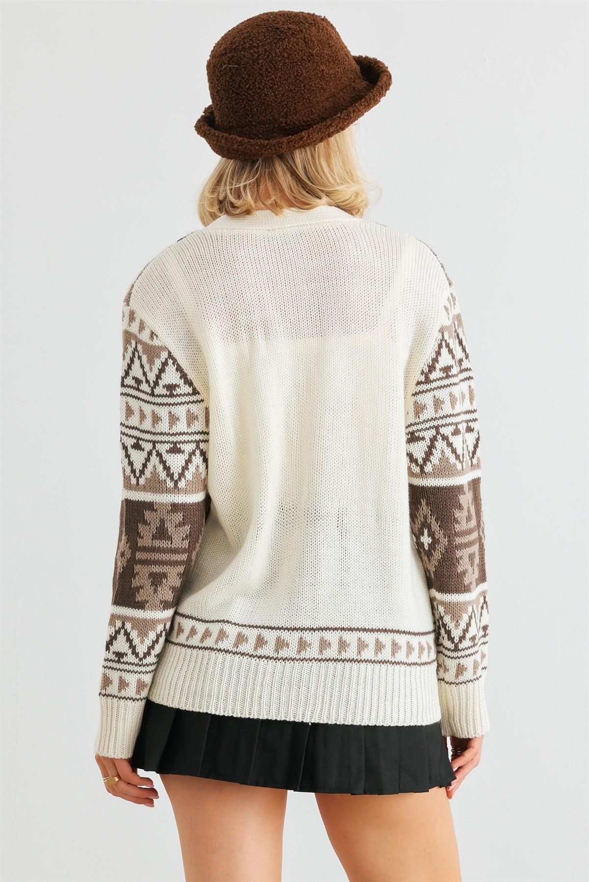Cream Fair Isle Knit Button-Up Long Sleeve Cardigan Sweater /2-2-2