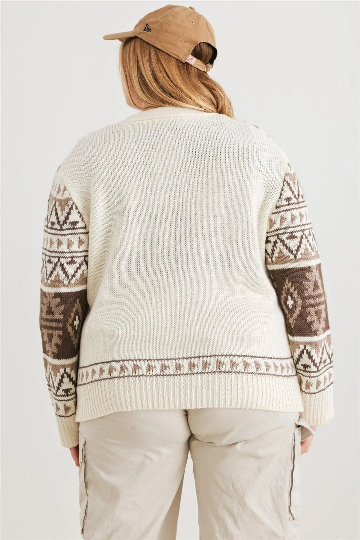 Junior Plus Cream Fair Isle Knit Button-Up Long Sleeve Cardigan Sweater /3-2-1 - Tasha Apparel Wholesale