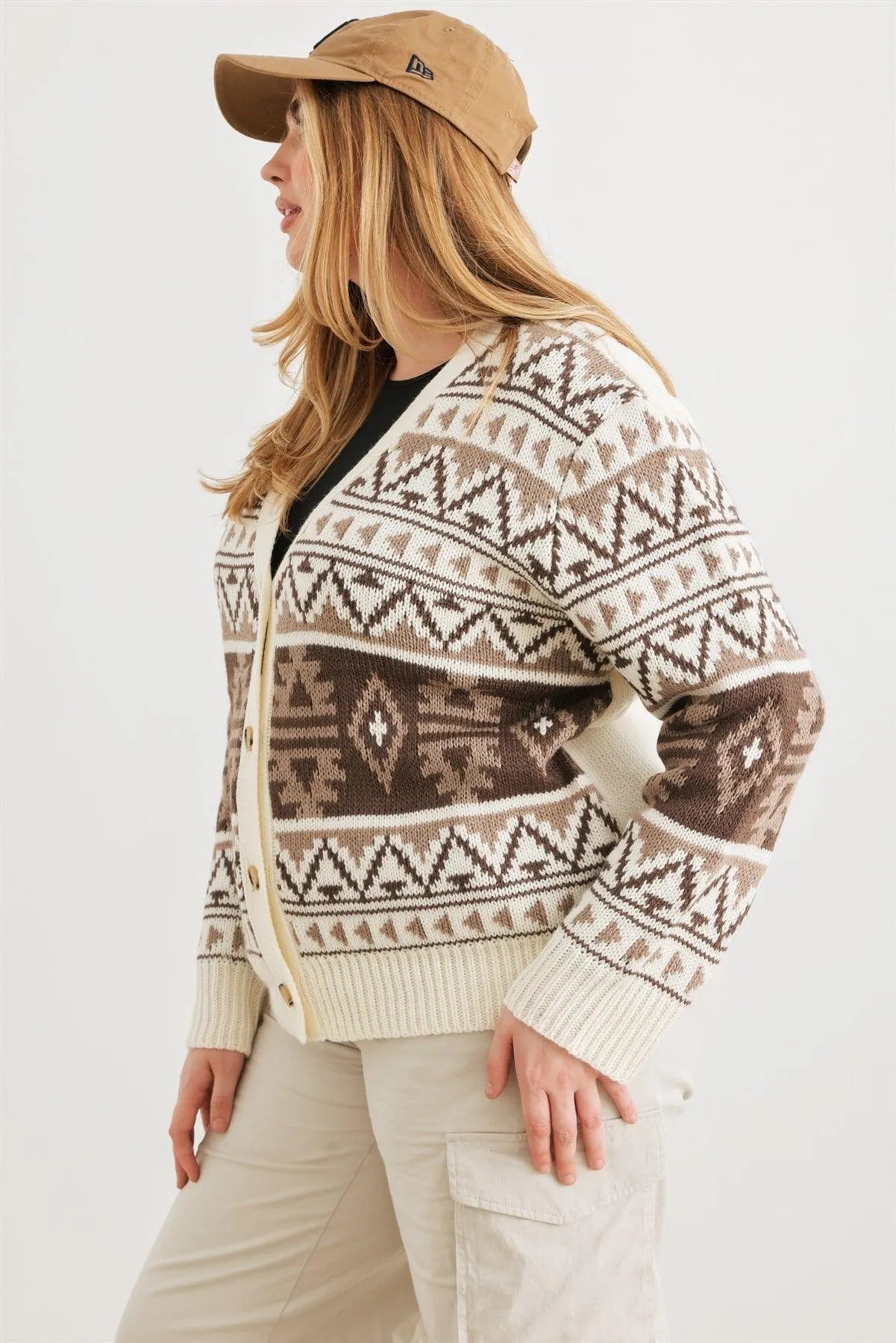 Junior Plus Cream Fair Isle Knit Button-Up Long Sleeve Cardigan Sweater /3-2-1 - Tasha Apparel Wholesale