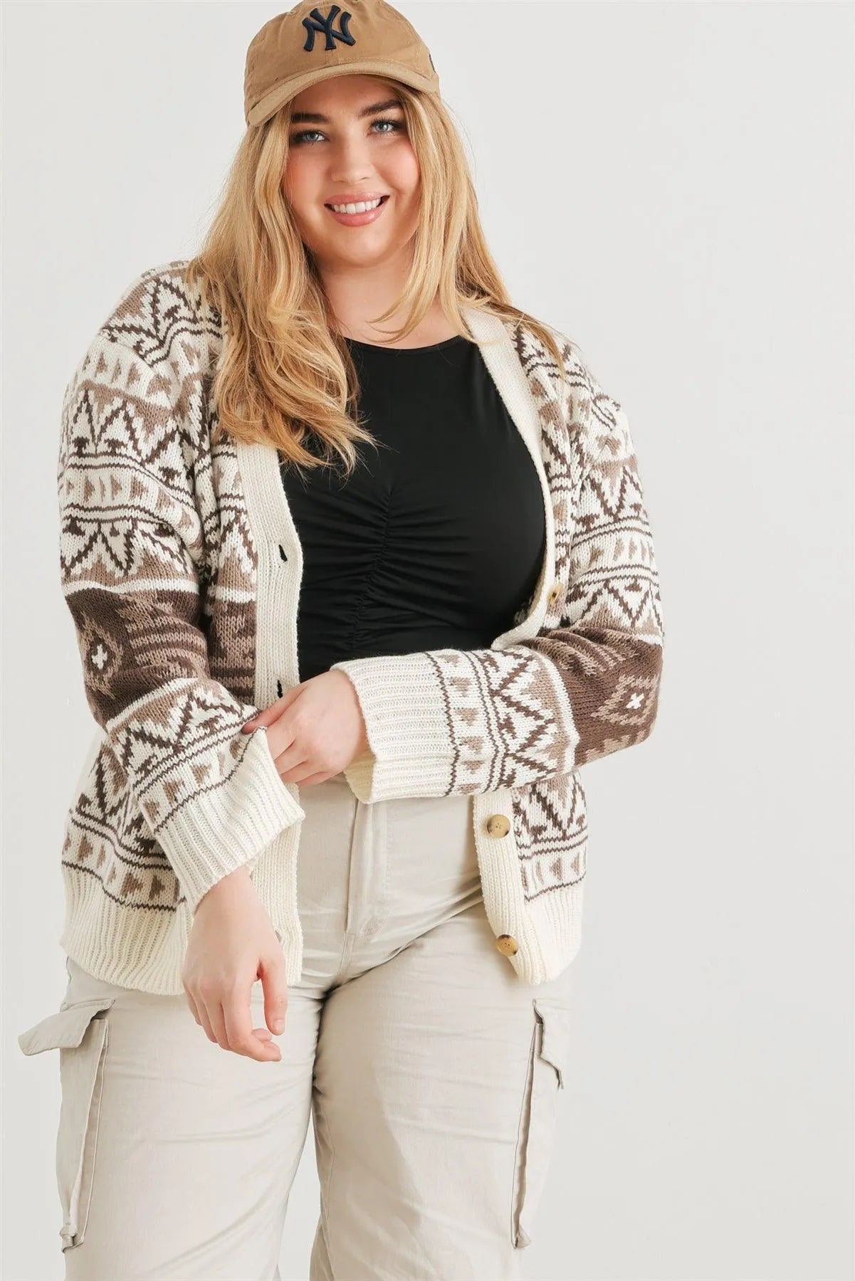 Junior Plus Cream Fair Isle Knit Button-Up Long Sleeve Cardigan Sweater /3-2-1 - Tasha Apparel Wholesale