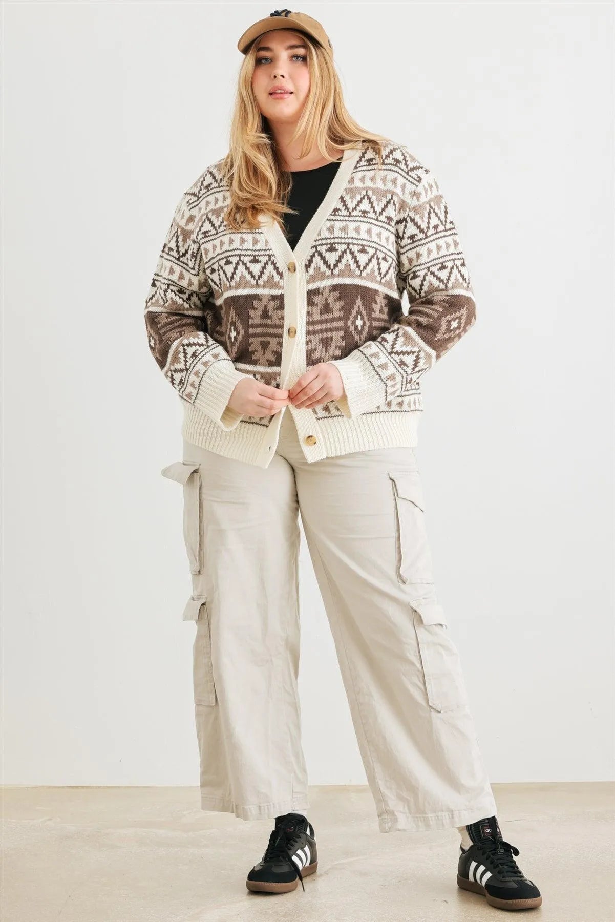 Junior Plus Cream Fair Isle Knit Button-Up Long Sleeve Cardigan Sweater /3-2-1 - Tasha Apparel Wholesale