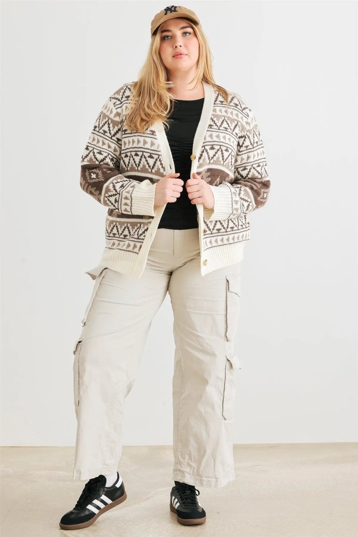 Junior Plus Cream Fair Isle Knit Button-Up Long Sleeve Cardigan Sweater /3-2-1 - Tasha Apparel Wholesale