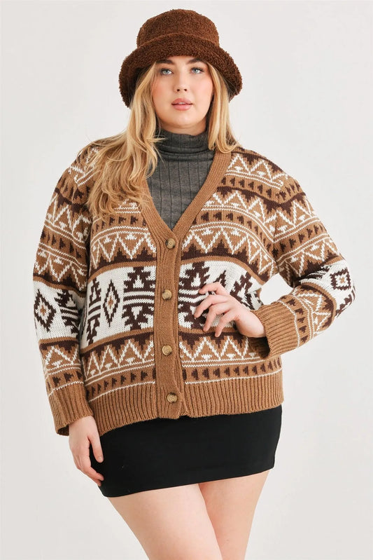 Junior Plus Mocha Fair Isle Knit Button-Up Long Sleeve Cardigan Sweater /3-2-1 - Tasha Apparel Wholesale