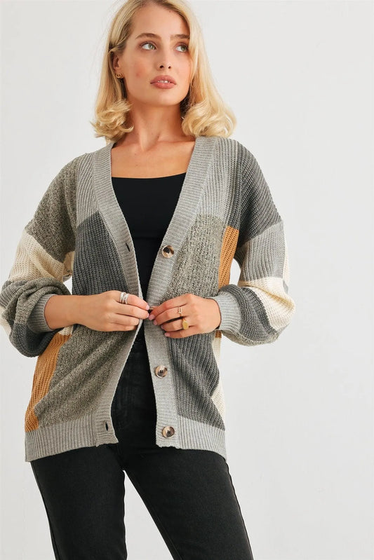 Grey Colorful Square Knit Button-Up Cardigan /2-2 - Tasha Apparel Wholesale
