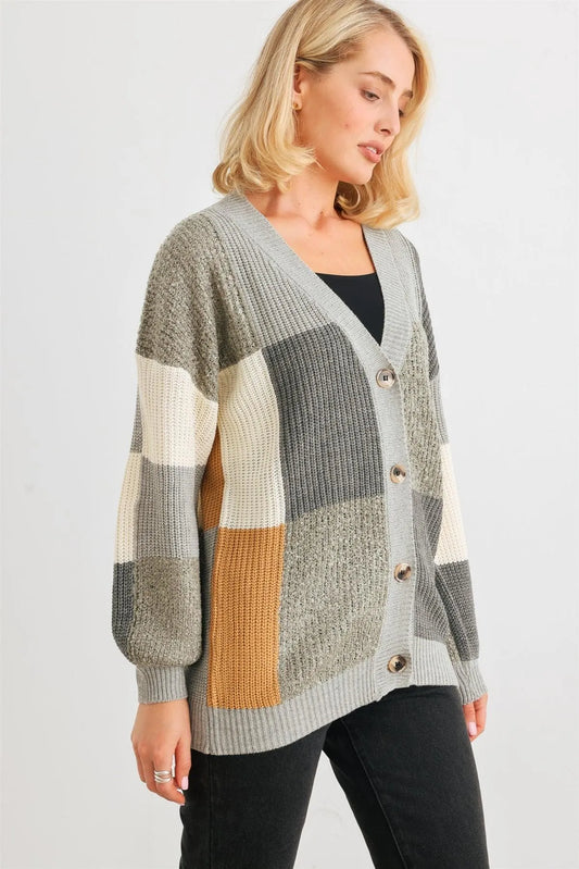 Grey Colorful Square Knit Button-Up Cardigan /2-2-2 - Tasha Apparel Wholesale