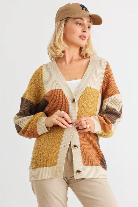 Oatmeal Colorful Square Knit Button-Up Cardigan /2-2-2 - Tasha Apparel Wholesale