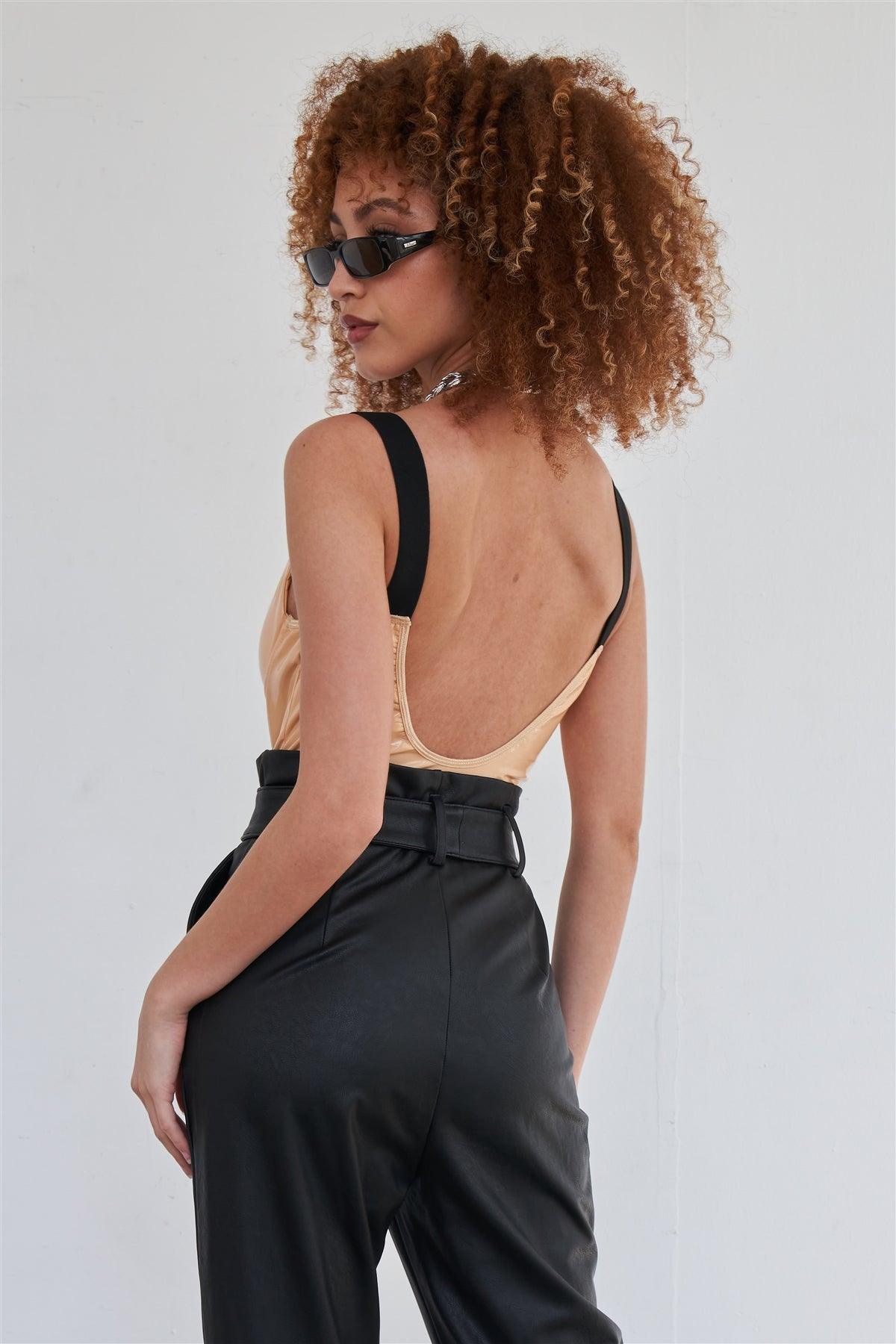 Nude Vegan Leather Elastic Strap Bustier Bodysuit