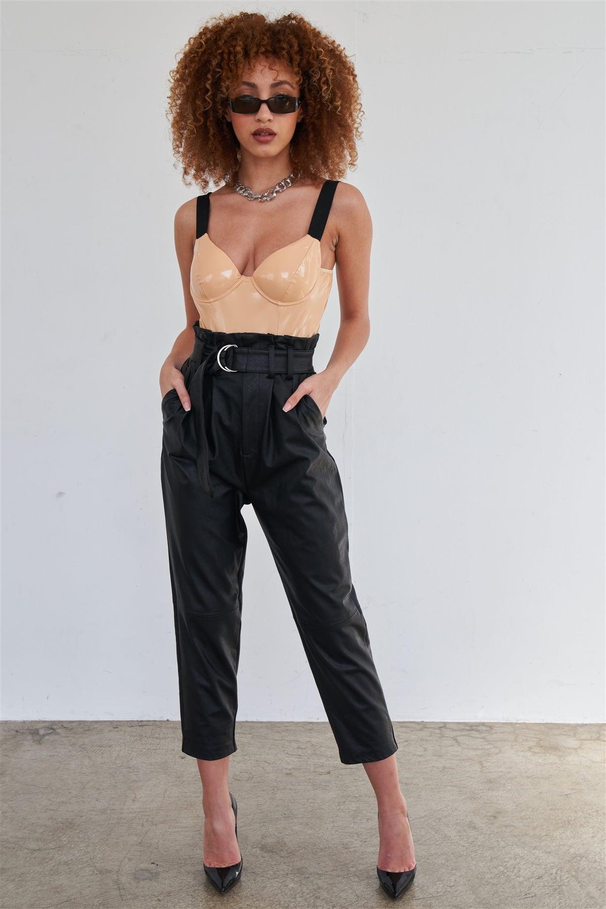 Wholesale Nude Vegan Leather Elastic Strap Bustier Bodysuit