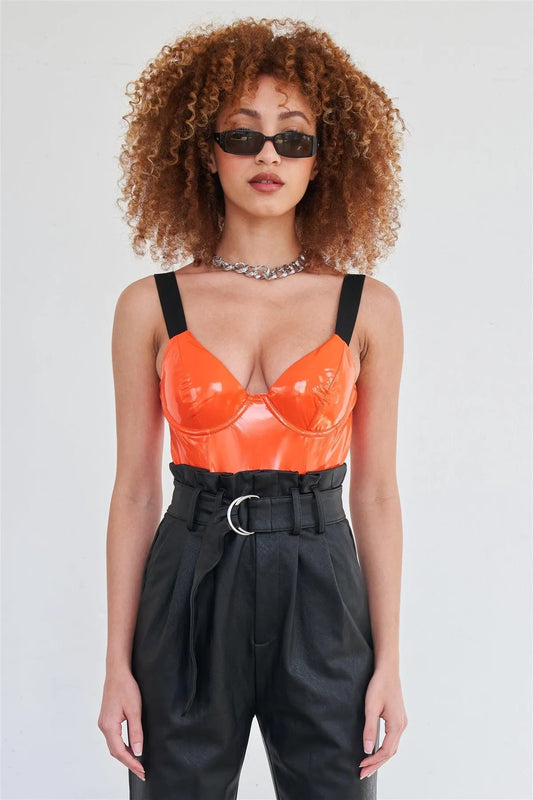 Orange Vegan Leather Elastic Strap Bustier Bodysuit /2-2-2 - Tasha Apparel Wholesale
