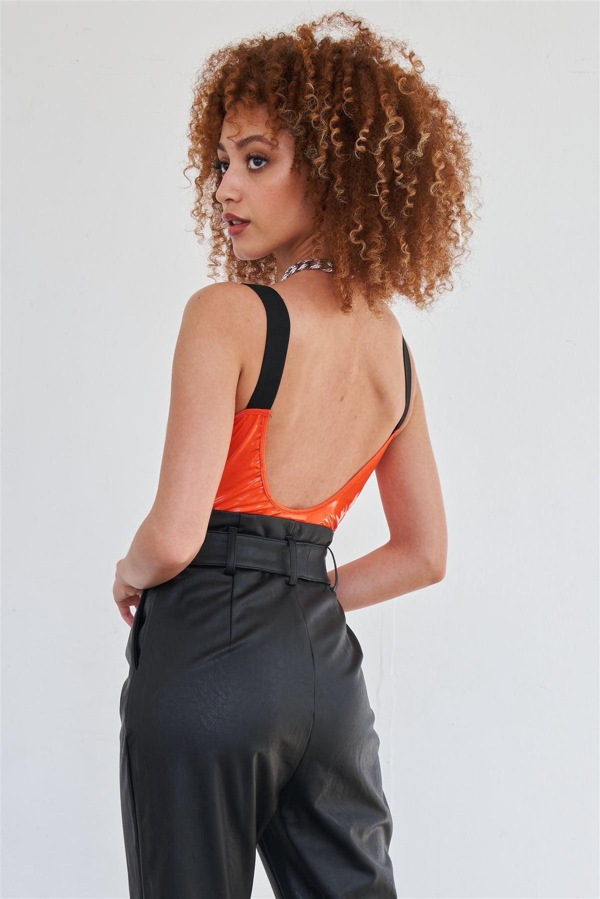 Orange Vegan Leather Elastic Strap Bustier Bodysuit