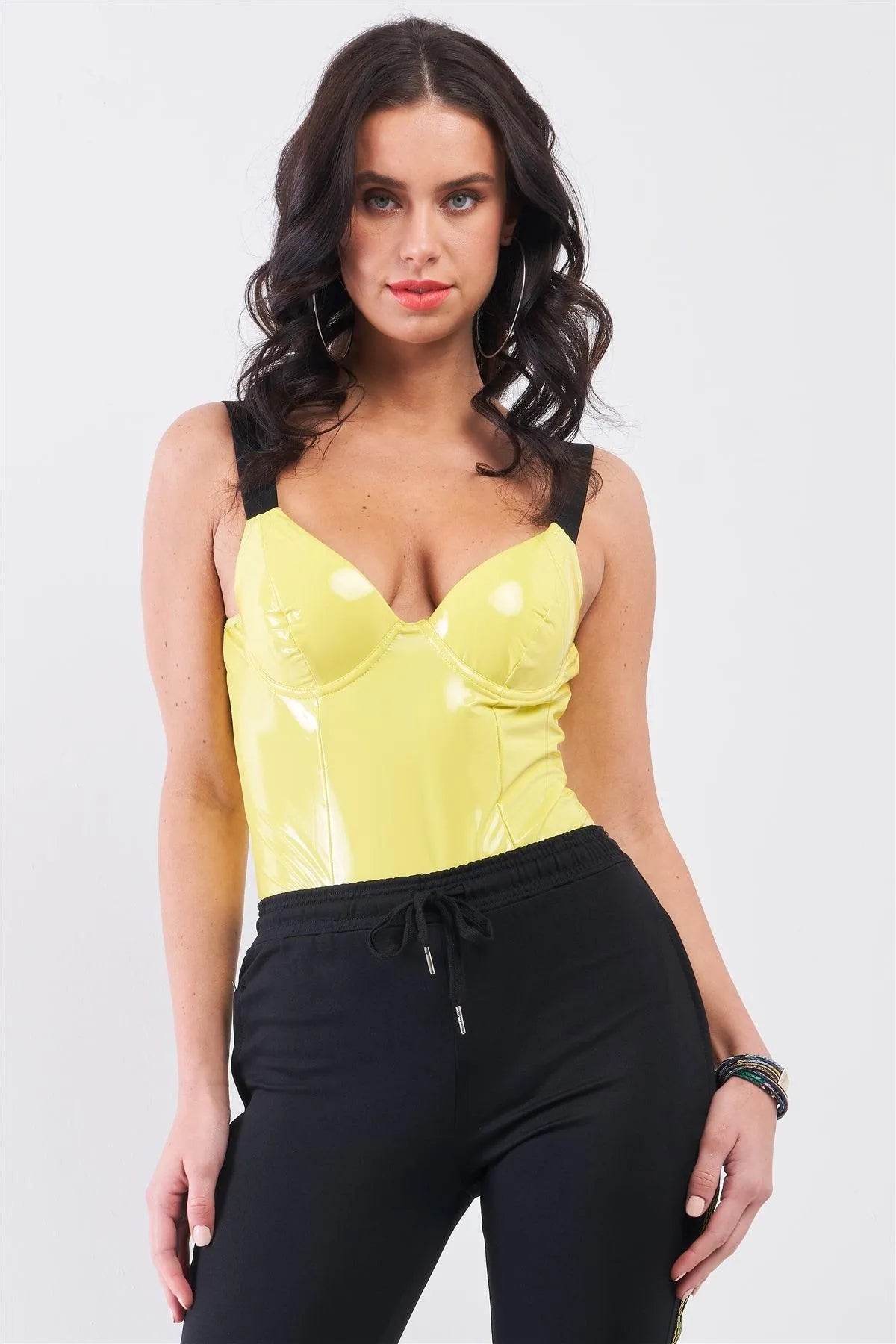 Yellow Vegan Leather Elastic Strap Bustier Bodysuit /2-2-2 - Tasha Apparel Wholesale