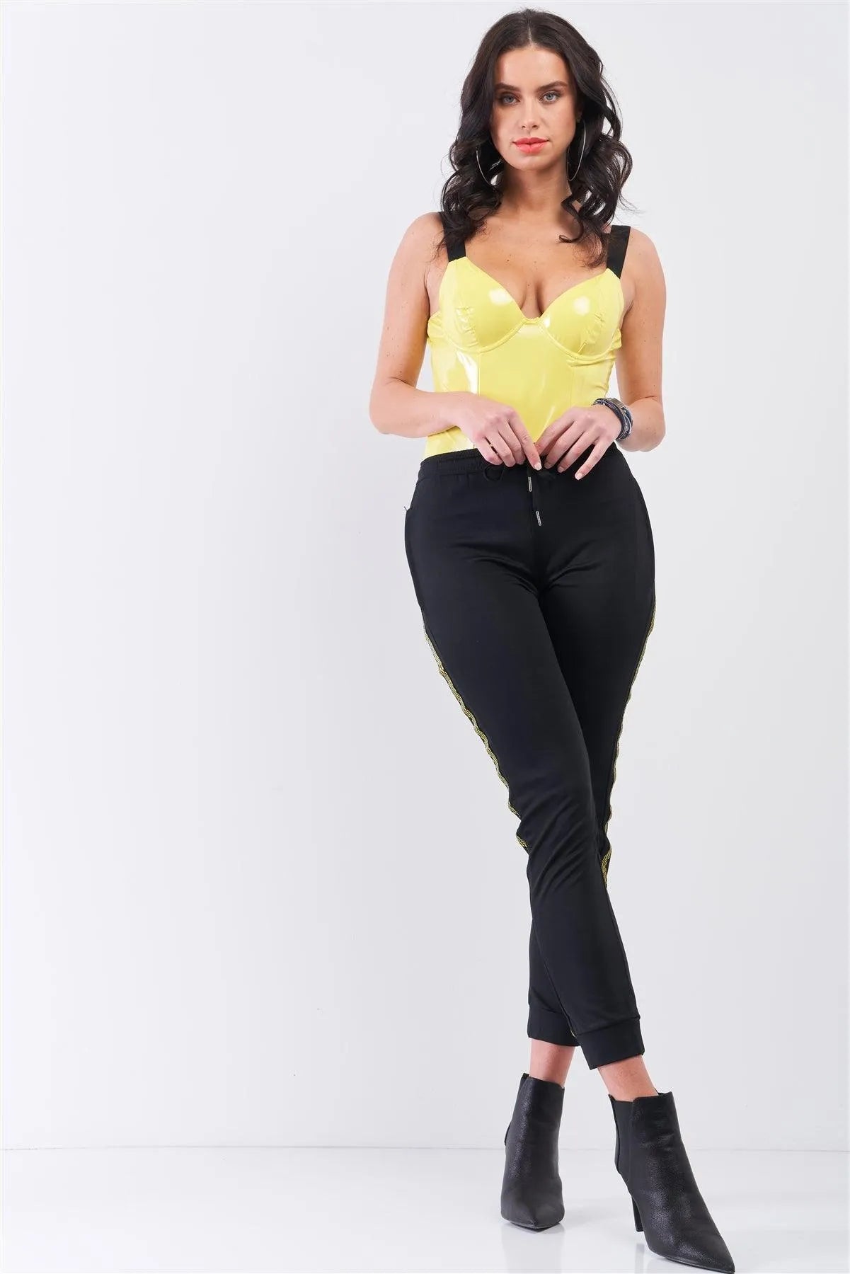 Yellow Vegan Leather Elastic Strap Bustier Bodysuit /2-2-2 - Tasha Apparel Wholesale