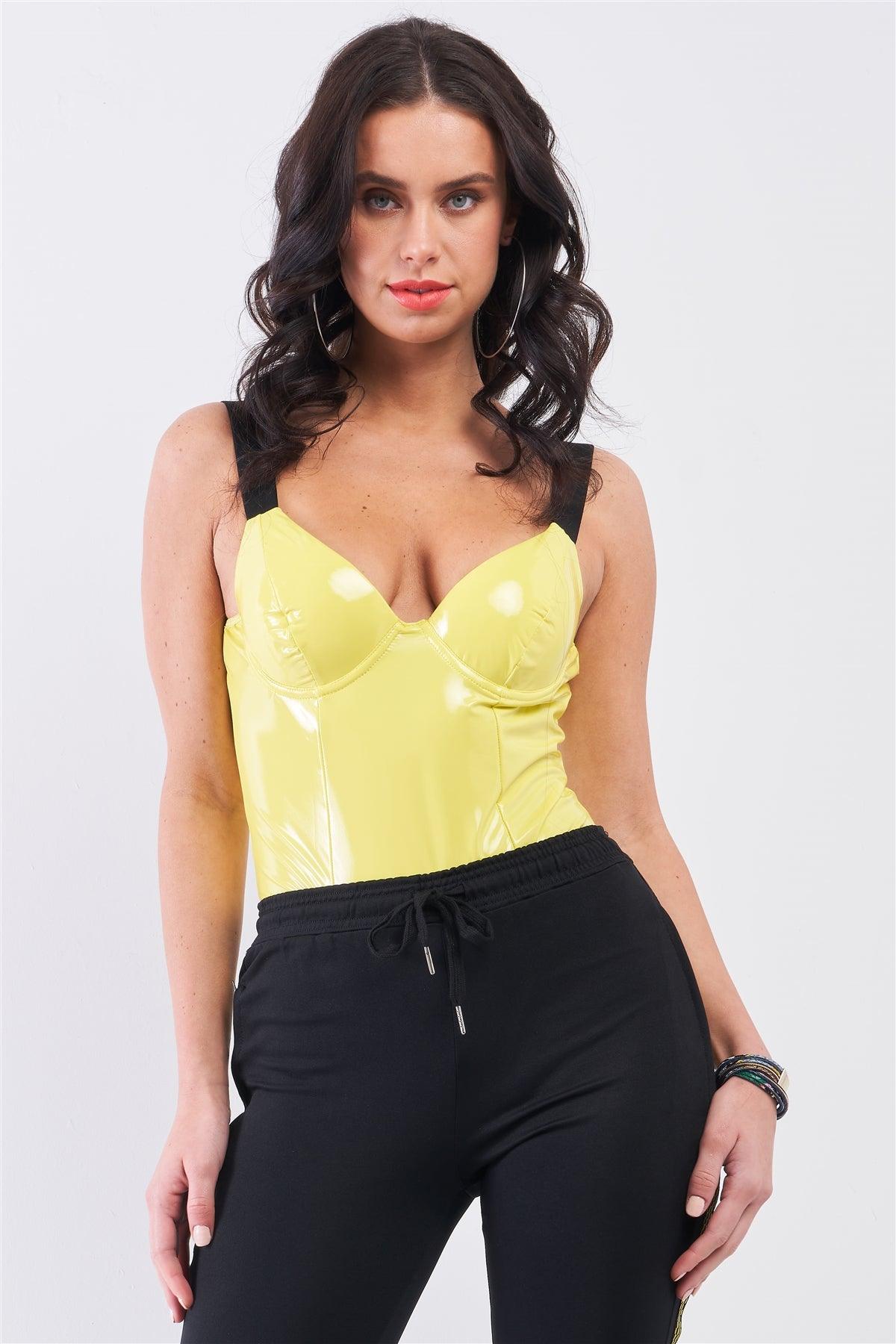 Yellow Vegan Leather Elastic Strap Bustier Bodysuit