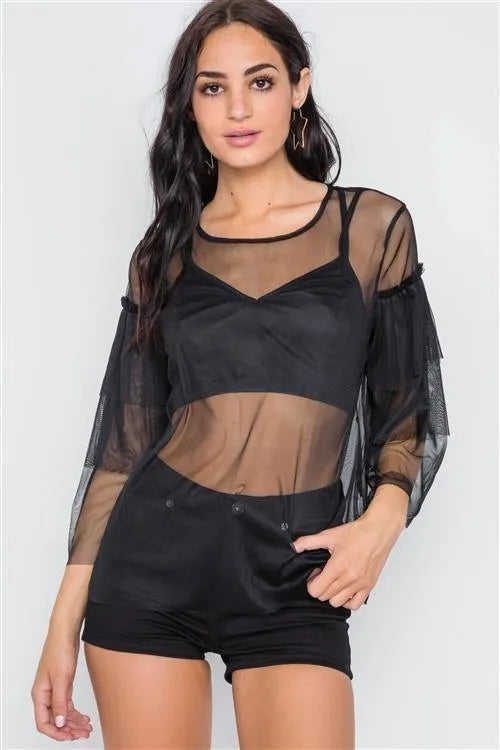 Black Sheer Two Piece Mash Long Sleeves Top - Tasha Apparel Wholesale