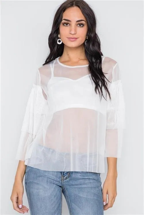 White Sheer Two Piece Mash Long Sleeves Top - Tasha Apparel Wholesale