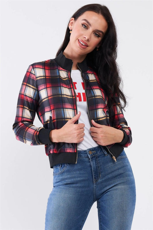 Beige Multicolor Flannel Check Print Two Pockets Detail Front Zip-Up Light Bomber Jacket /1-1-1-1 - Tasha Apparel Wholesale