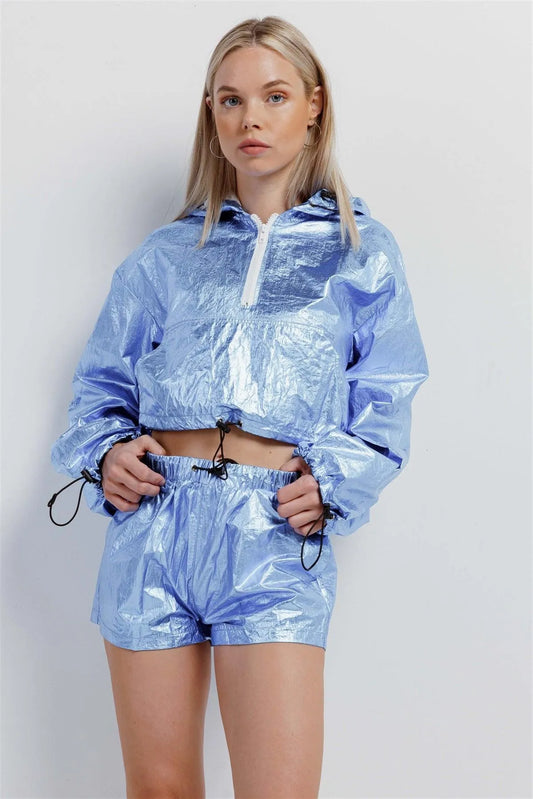 Metallic Blue Water Proof Hooded Draw String Crop Top & Short Sporty Activewear Set - Tasha Apparel Wholesale