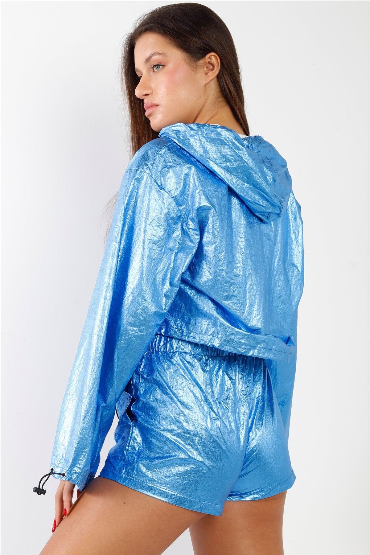 Metallic Blue Water Proof Hooded Draw String Crop Top & Short Sporty Activewear Set