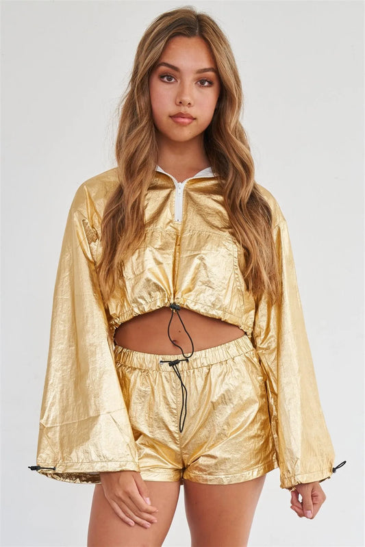 Metallic Gold Water Proof Hooded Draw String Crop Top & Short Sporty Activewear Set - Tasha Apparel Wholesale