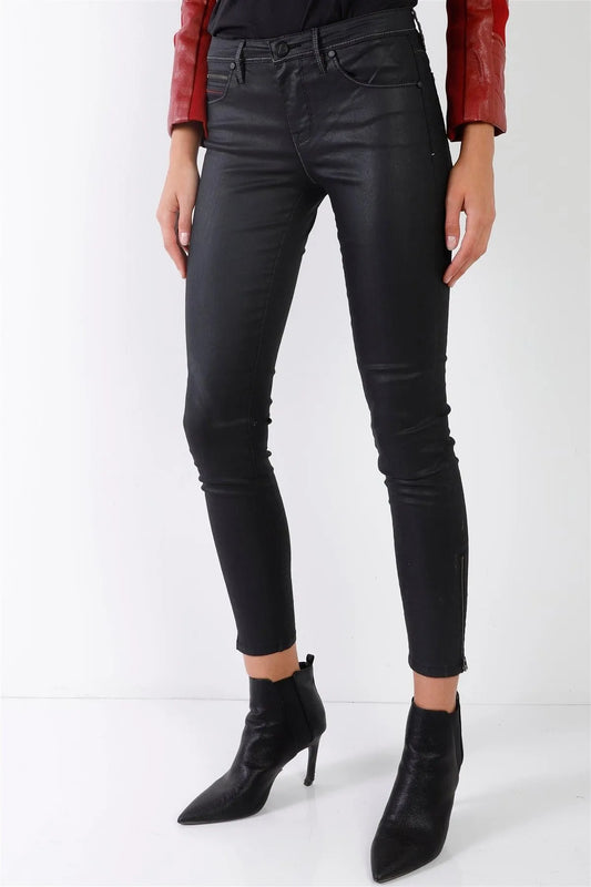 David Bitton Black Glossy Coated Contrast White & Red Thread Stitch Low Rise Skinny Jeans - Tasha Apparel Wholesale