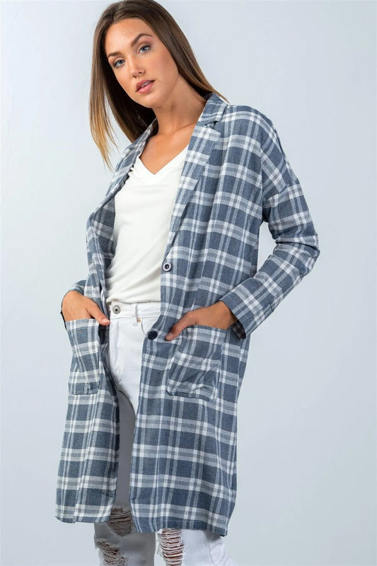 Navy Plaid Longline Oversized Blazer / 2-2-2 - Tasha Apparel Wholesale