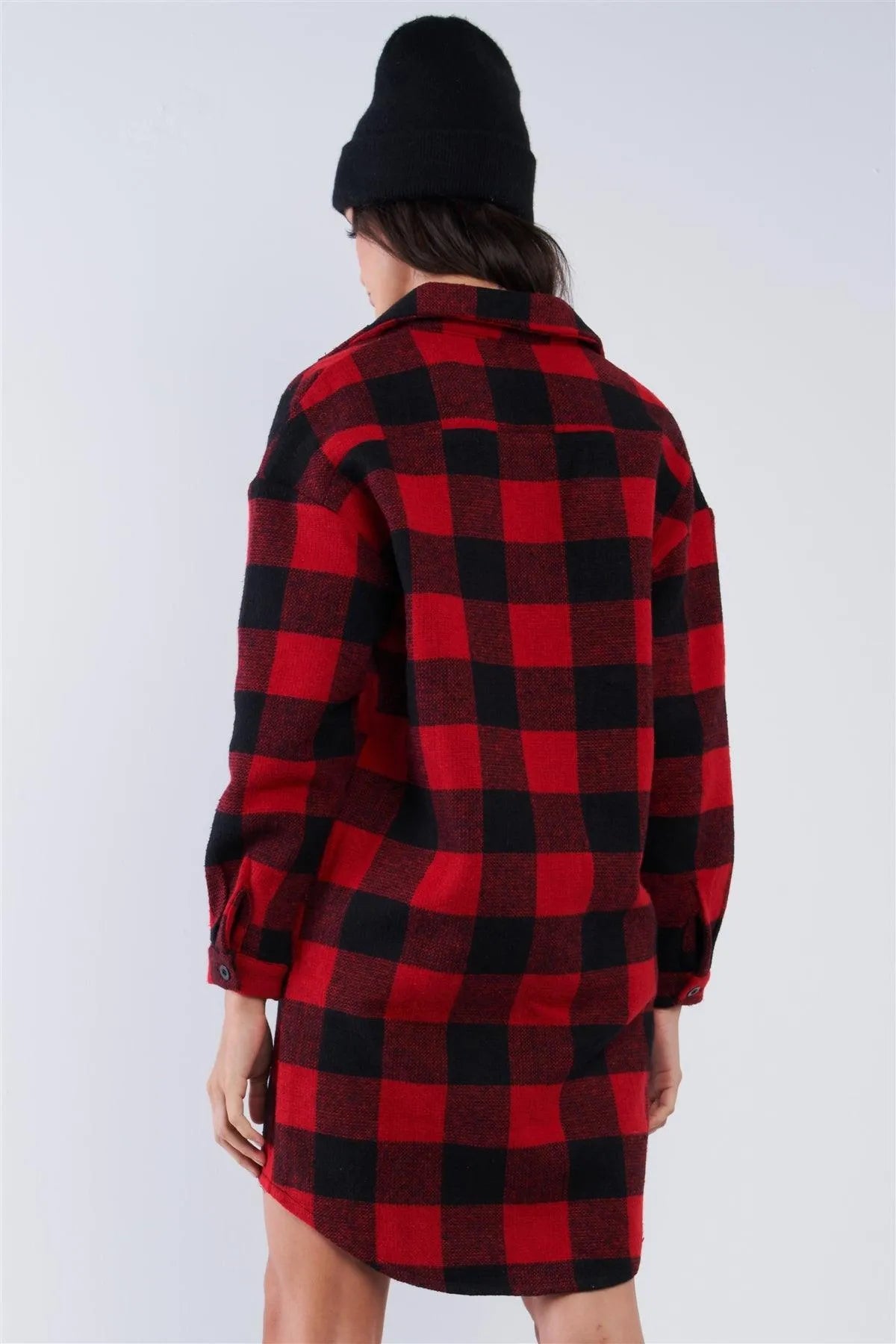 Red & Black Cotton Plaid Print Relaxed Fit Long Sleeve Thick Warm Button Down Sweater Dress With Pockets /2-2-1 - Tasha Apparel Wholesale
