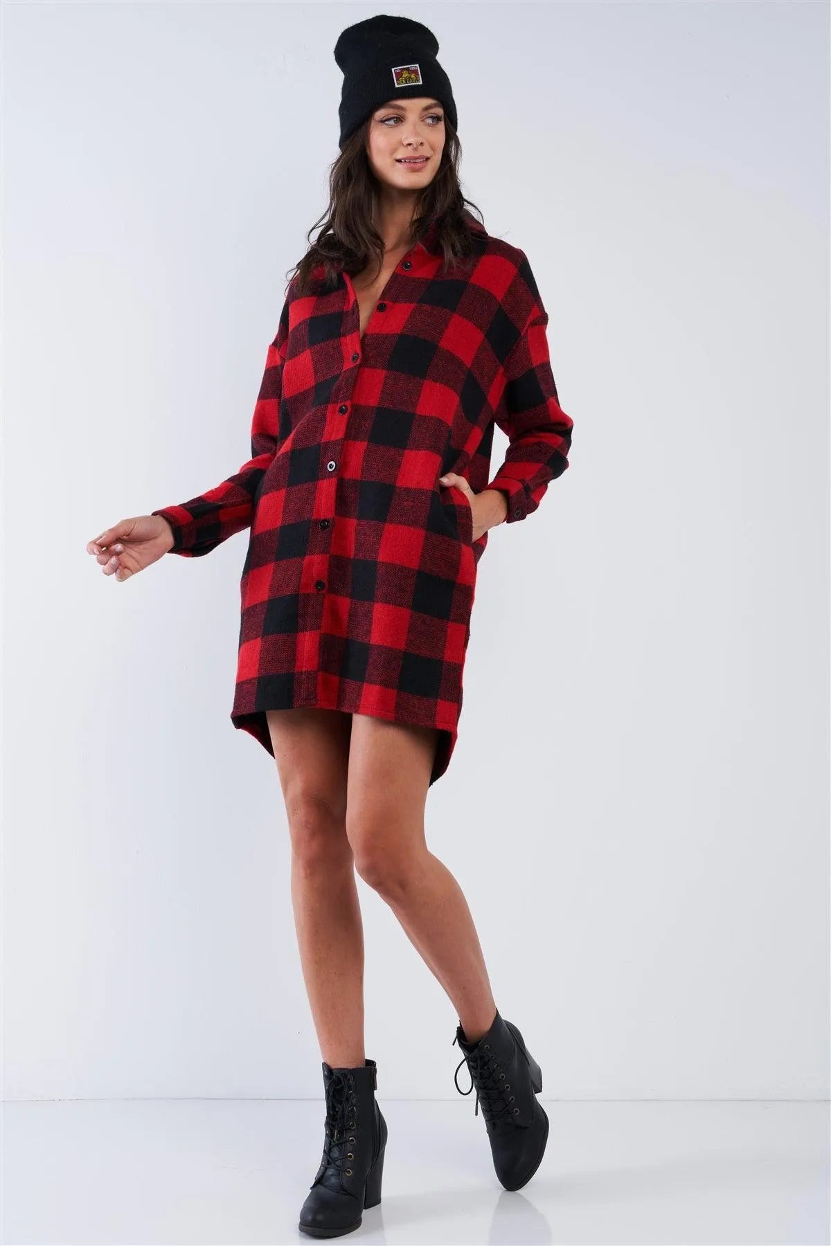 Red & Black Cotton Plaid Print Relaxed Fit Long Sleeve Thick Warm Button Down Sweater Dress With Pockets /2-2-1 - Tasha Apparel Wholesale