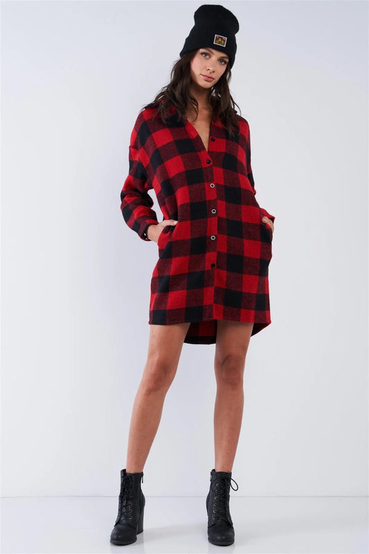 Red & Black Cotton Plaid Print Relaxed Fit Long Sleeve Thick Warm Button Down Sweater Dress With Pockets /2-2-2 - Tasha Apparel Wholesale