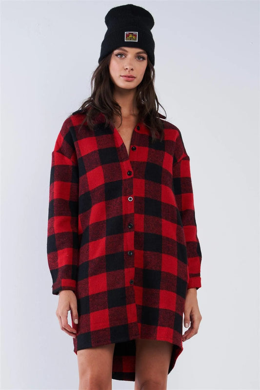 Asymmetrical Cotton Checkered Long Sleeve Button Down Shacket Jacket - Tasha Apparel Wholesale