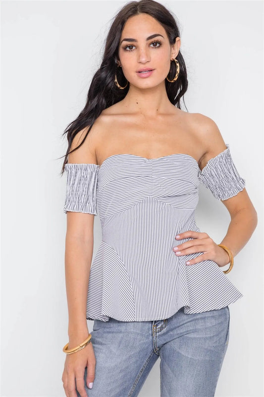 Black White Stripe Smocked Sleeves Top /2-2-1 - Tasha Apparel Wholesale