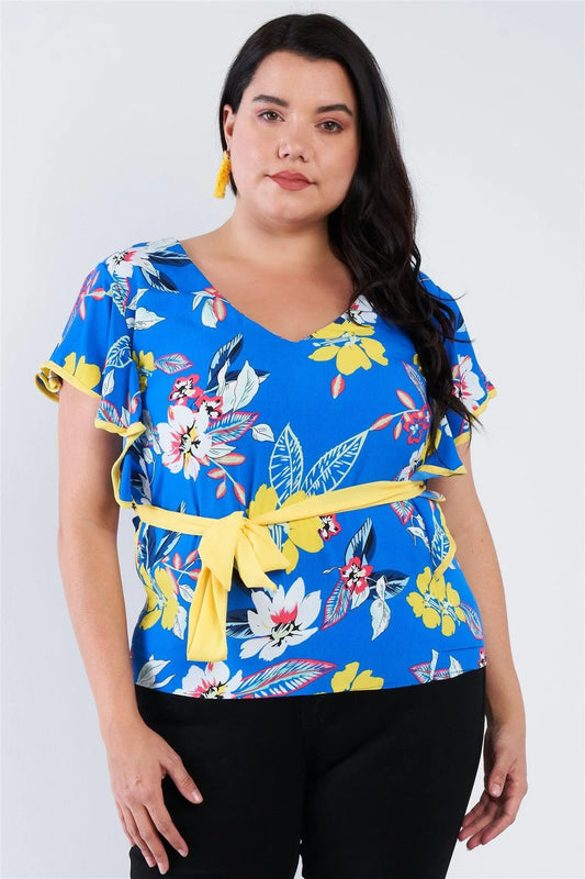 Junior Plus Size Blue Tropical Floral Print Mock Sleeve Chiffon Semi-Sheer Top /3-1-1 - Tasha Apparel Wholesale