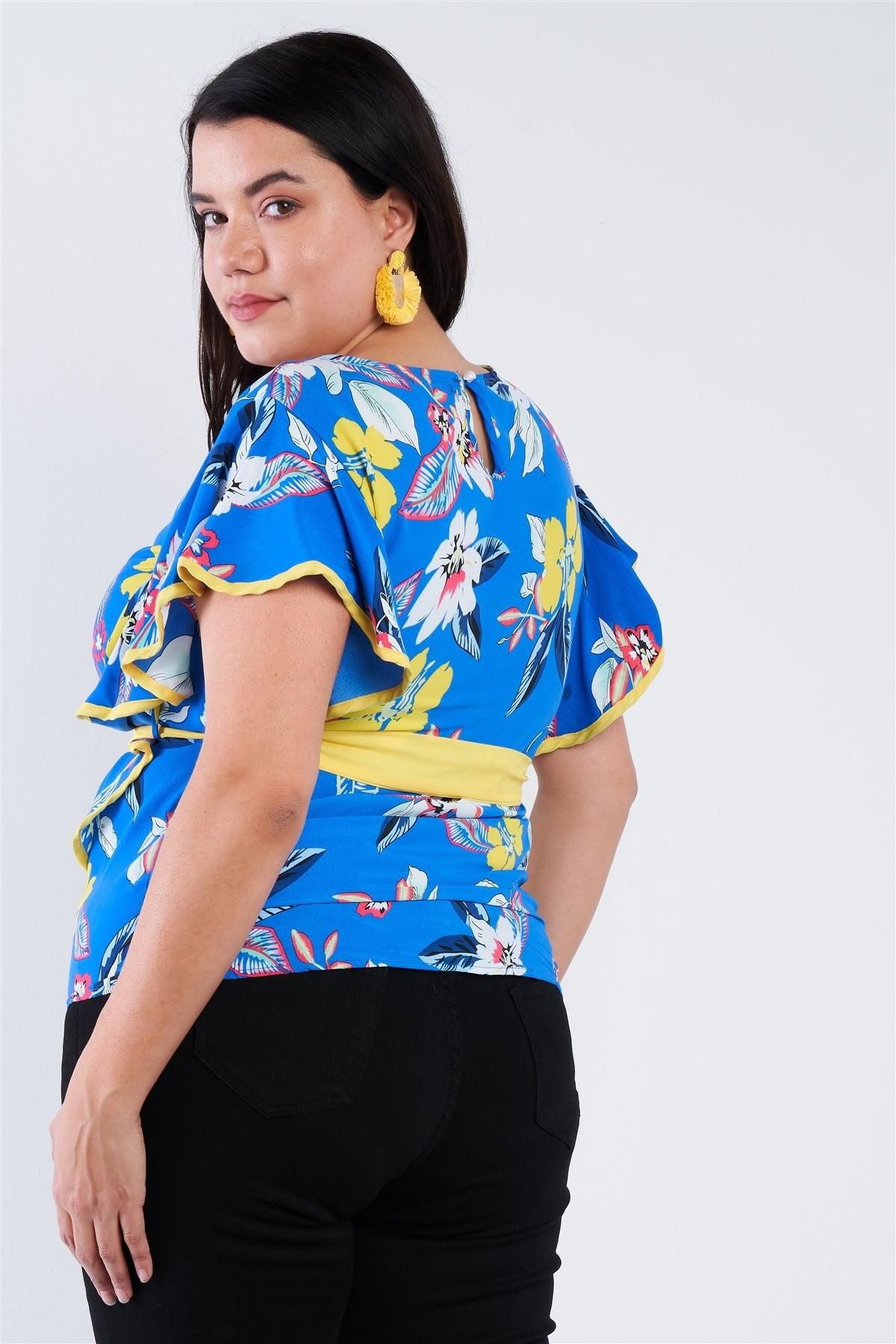 Junior Plus Size Blue Tropical Floral Print Mock Sleeve Chiffon Semi-Sheer Top /3-1-1