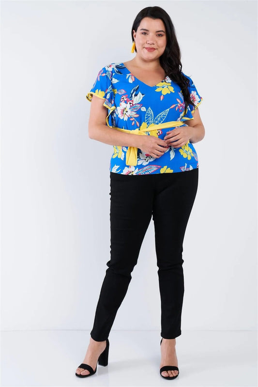 Junior Plus Size Blue Tropical Floral Print Mock Sleeve Chiffon Semi-Sheer Top /1-2-3 - Tasha Apparel Wholesale