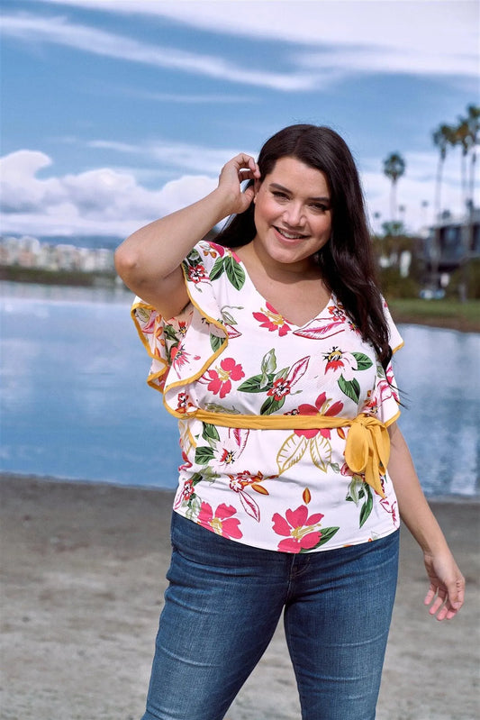 Junior Plus Size White Tropical Floral Print Mock Sleeve Chiffon Semi-Sheer Top /1-2-3 - Tasha Apparel Wholesale