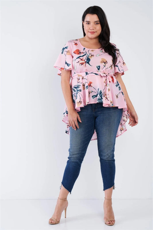 Junior Plus Size Pink Multi Floral Print Wrap High-Low Top /2-2-2 - Tasha Apparel Wholesale