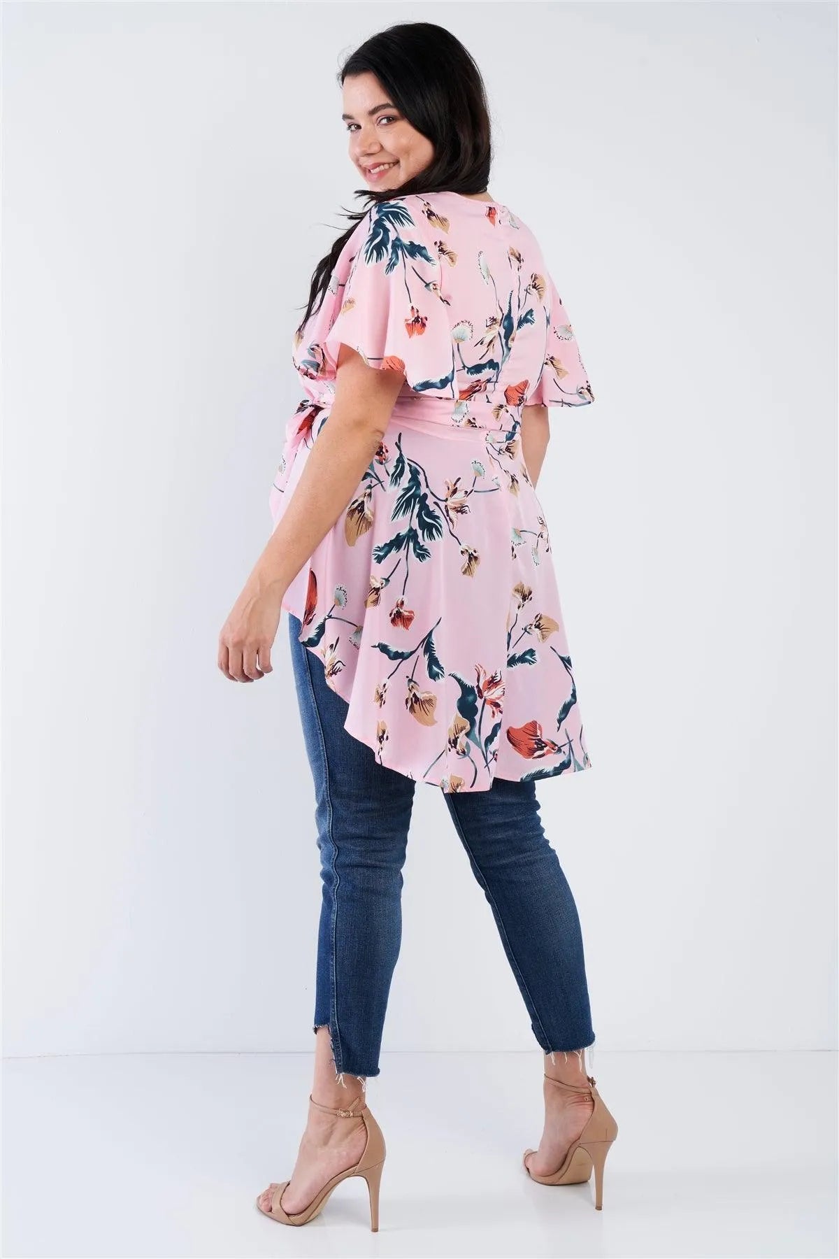 Junior Plus Size Pink Multi Floral Print Wrap High-Low Top /2-2-2 - Tasha Apparel Wholesale