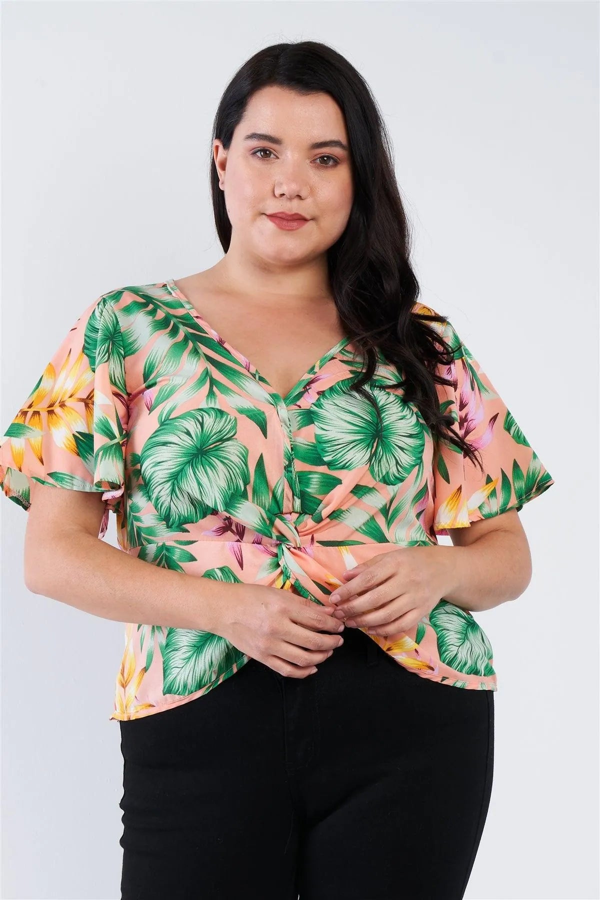 Junior Plus Size Blush Pink Multi Tropical Floral Front Roll Butterfly Sleeve Top /1-2-2 - Tasha Apparel Wholesale