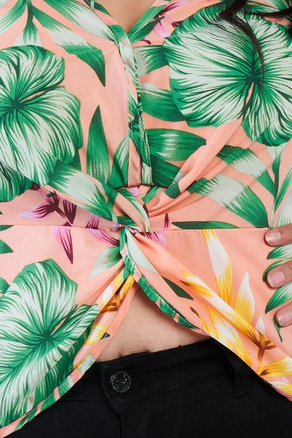 Junior Plus Size Blush Pink Multi Tropical Floral Front Roll Butterfly Sleeve Top /1-2-2 - Tasha Apparel Wholesale