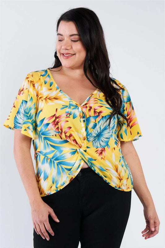 Plus Size Blush Yellow Multi Tropical Floral Front Roll Butterfly Sleeve Top - Tasha Apparel Wholesale