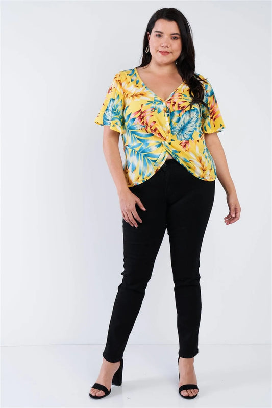 Junior Plus Size Blush Yellow Multi Tropical Floral Front Roll Butterfly Sleeve Top /1-2-2 - Tasha Apparel Wholesale