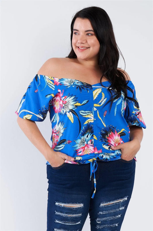 Junior Plus Size Blue Multi Tropical Floral Puff Sleeve Top /1-2-3 - Tasha Apparel Wholesale