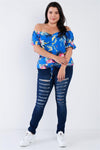 Junior Plus Size Blue Multi Tropical Floral Puff Sleeve Top /1-3-3