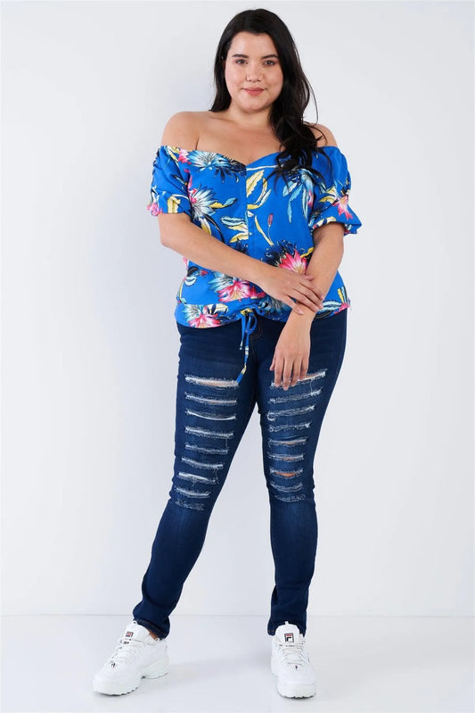 Junior Plus Size Blue Multi Tropical Floral Puff Sleeve Top /1-3-3 - Tasha Apparel Wholesale