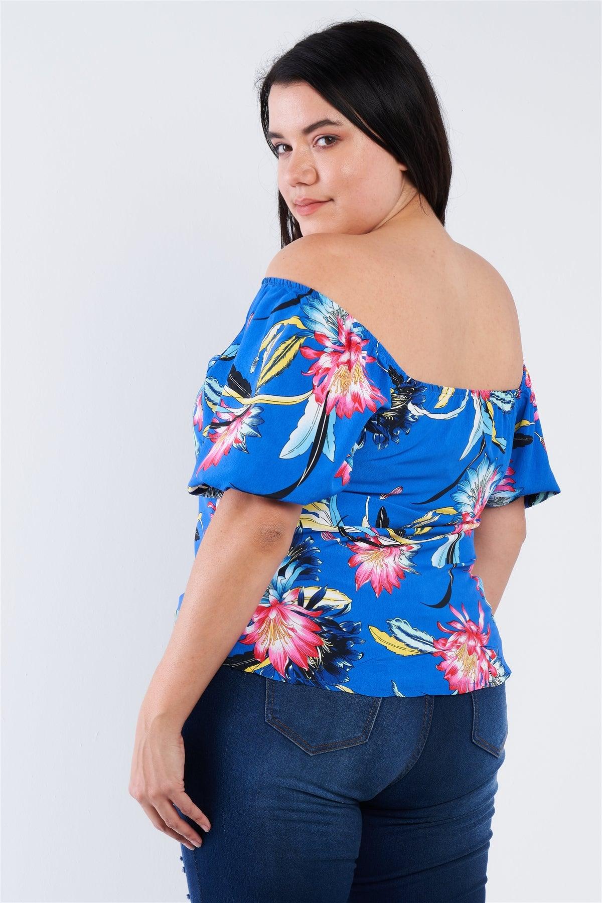Junior Plus Size Blue Multi Tropical Floral Puff Sleeve Top /1-3-3