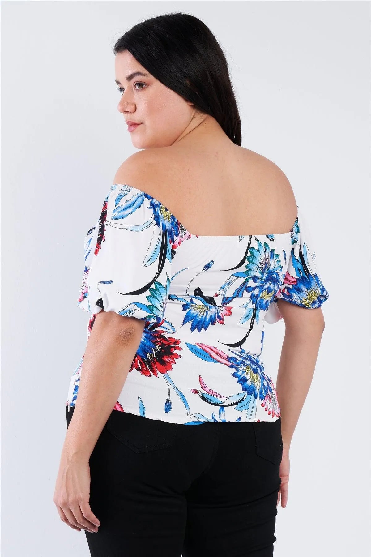 Junior Plus Size White Multi Tropical Floral Puff Sleeve Top - Tasha Apparel Wholesale
