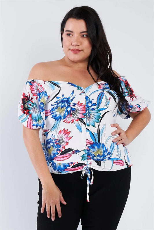 Plus Size White Multi Tropical Floral Puff Sleeve Top - Tasha Apparel Wholesale