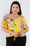 Junior Plus Size Yellow Multi Tropical Floral Puff Sleeve Top /1-2-2