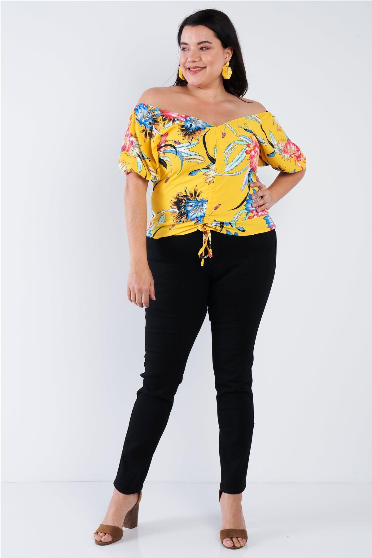 Junior Plus Size Yellow Multi Tropical Floral Puff Sleeve Top /2-2-2